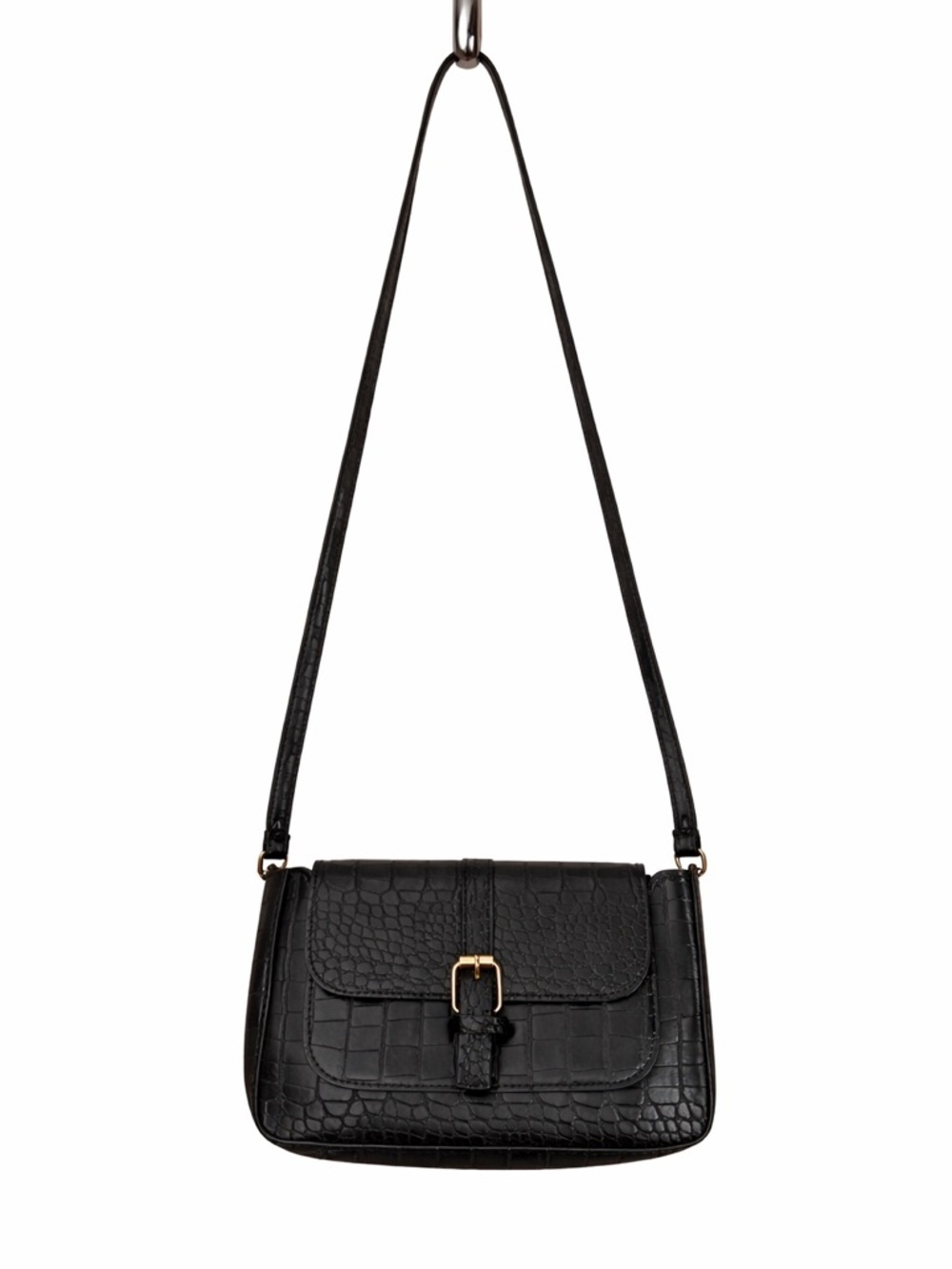 Black Croc-Embossed Crossbody Bag with Gold Buckle